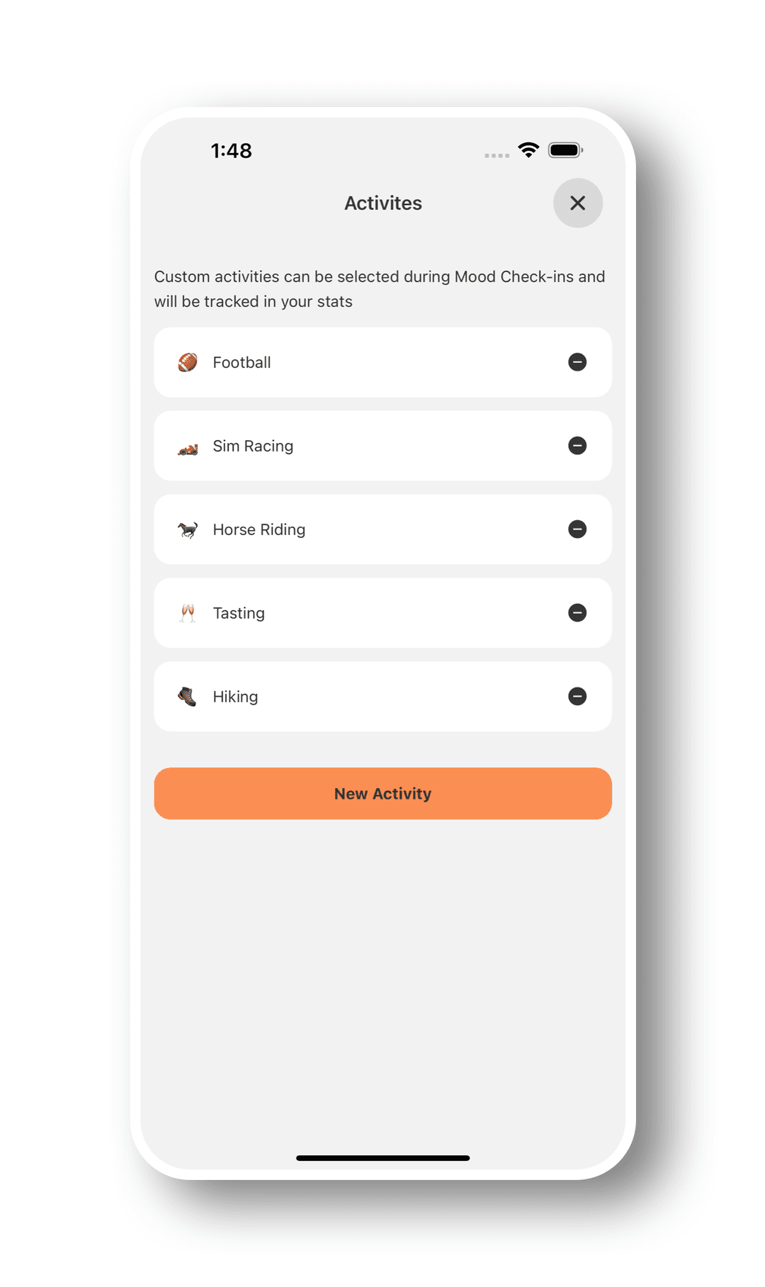 A long list of activities that are very specific and the user has added via a clear new activity button