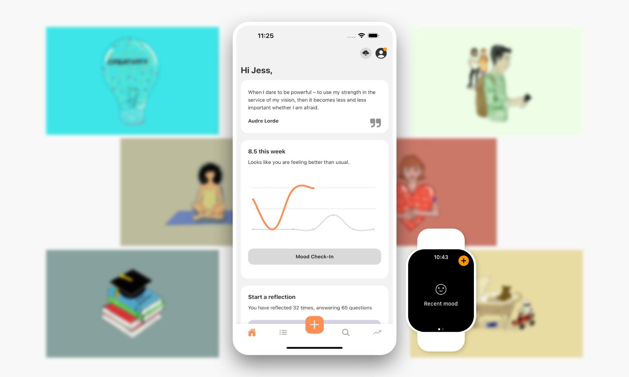 Luci - screenshot with drawings behind it showing mental health topics you can reflect on