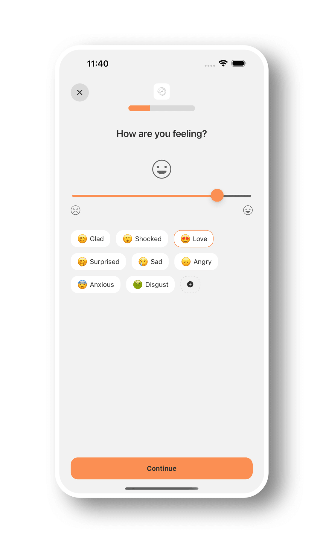 Slider where you can signify your happiness within the Luci Mood Tracker App